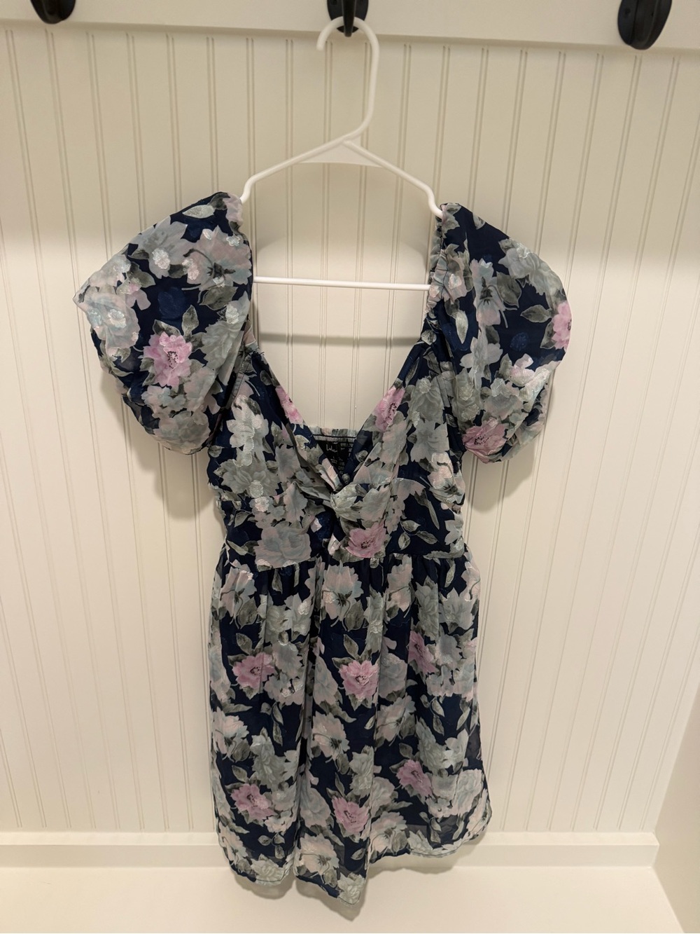 Lulu's Navy Floral Puff Sleeve Mini Dress with Pink and Light Blue Blooms